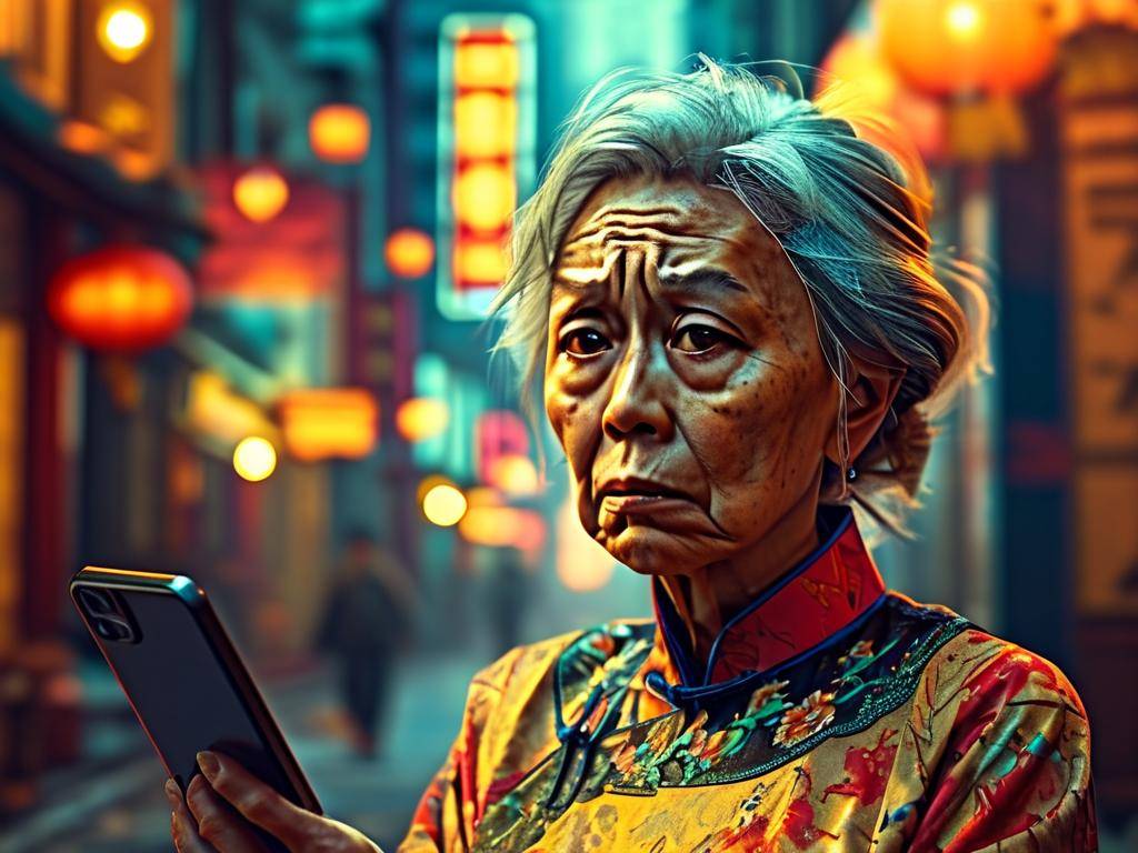 老太婆看手机皱眉头表情包